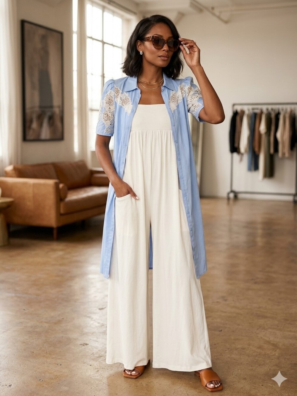 SANDRO PARIS Lace-Inset Down Duster Dress Sky Blue Sz FR 34 XS - Picture 2 of 10